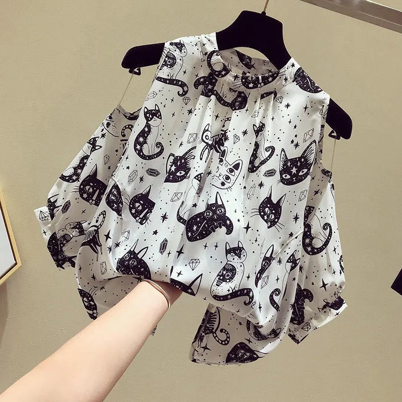 Street Fashion Korean - Katze Cartoon Print Chiffon Vintage Oansatz