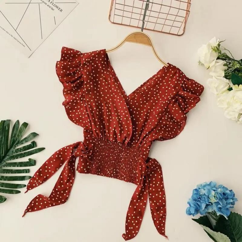 Street Fashion Korean - Tupfen Druck Chiffon Schnürung V-Ausschnitt sexy