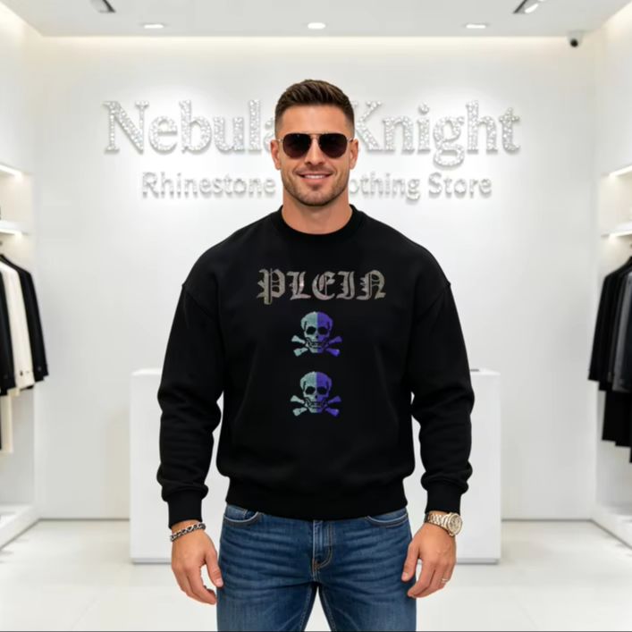 Oversized Crewneck Fleece - Herren Übergroßer Rundhals-Pullover mit Strass, Winter-Warmer