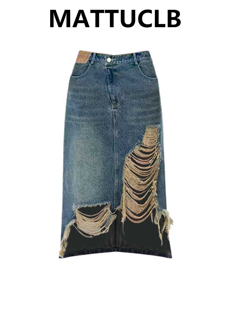 Street Fashion Korean - Damen 2000er Midi-Rock Zerrissener Jeansrock Kpop