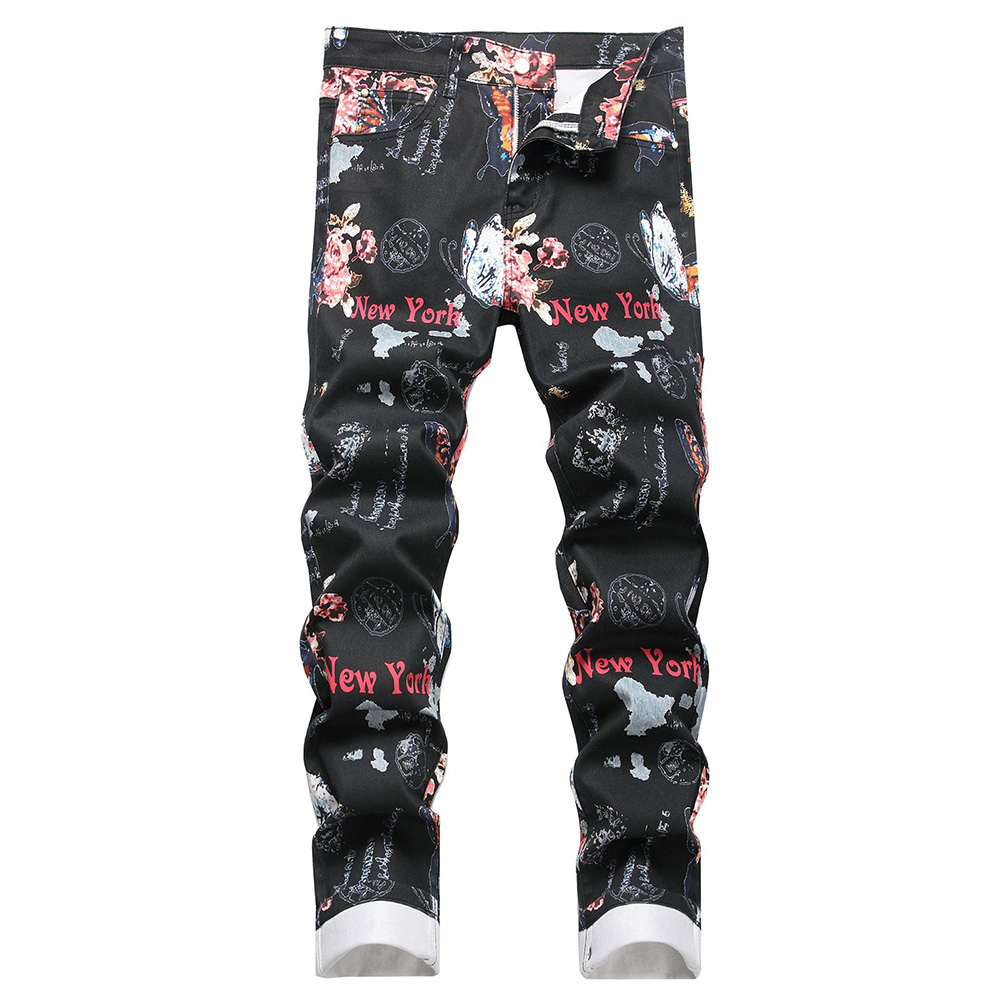 Street Fashion Of New York - Herren Digital-Print Jeans Mode Blumen Schmetterling