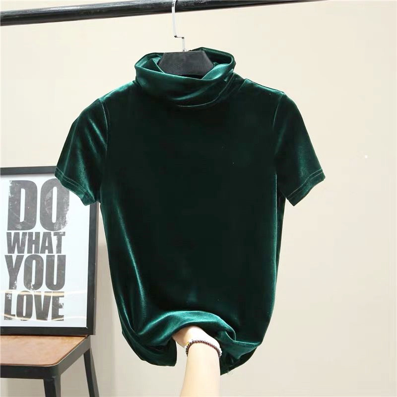 Street Fashion Korean - Koreanische Mode Damen Rollkragen Kurzarm Samt-Shirt