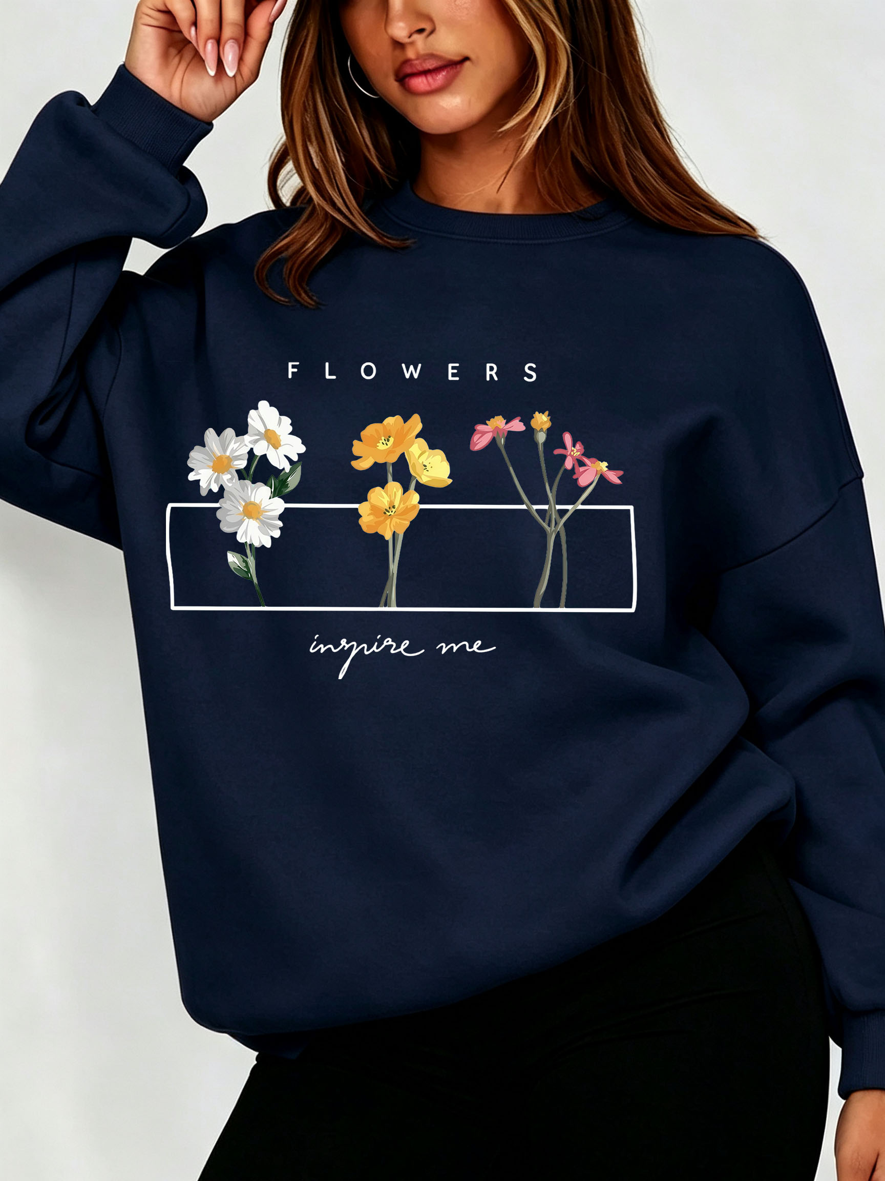 Oversized Crewneck Fleece - Damen-Sweatshirt mit Gänseblümchen- und Blumenmuster, Minimalistisches