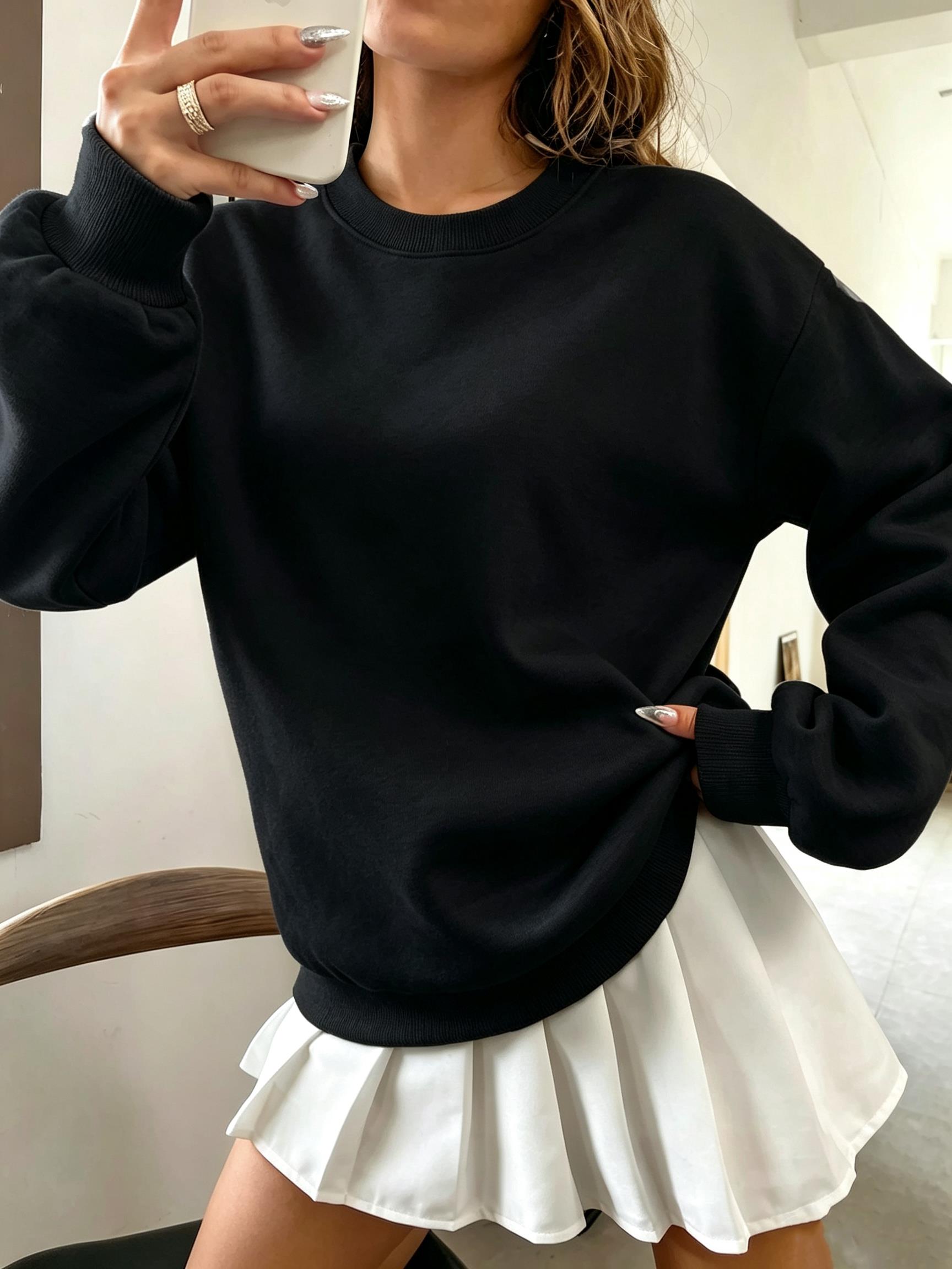 Oversized Crewneck Fleece - Koreanisches Oversize-Sweatshirt in Unifarbe für Damen,