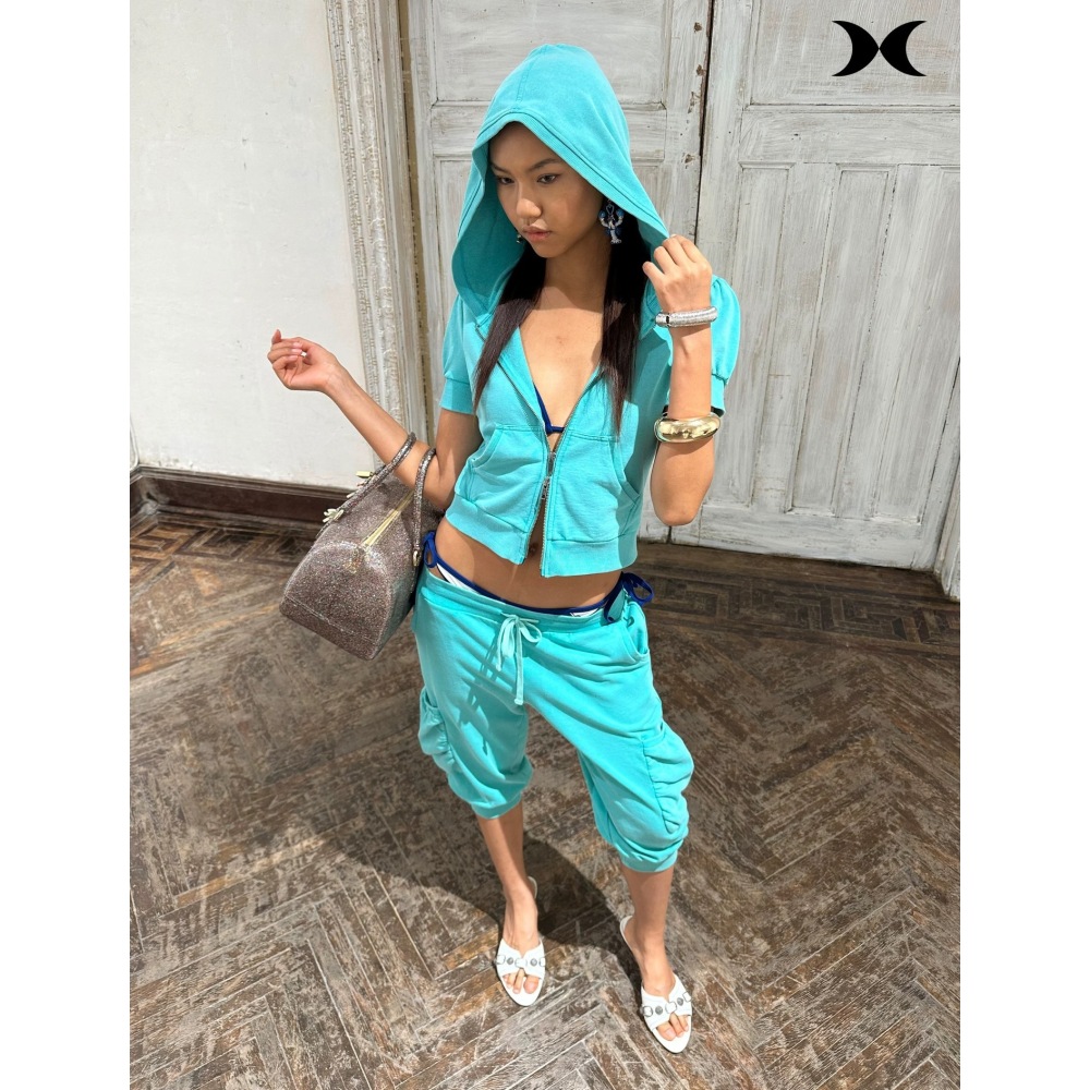 Street Fashion Style - Amerikanischer Street-Style Spice-Girl-Kurzarm-Kapuzenjacke mit Reißverschluss und