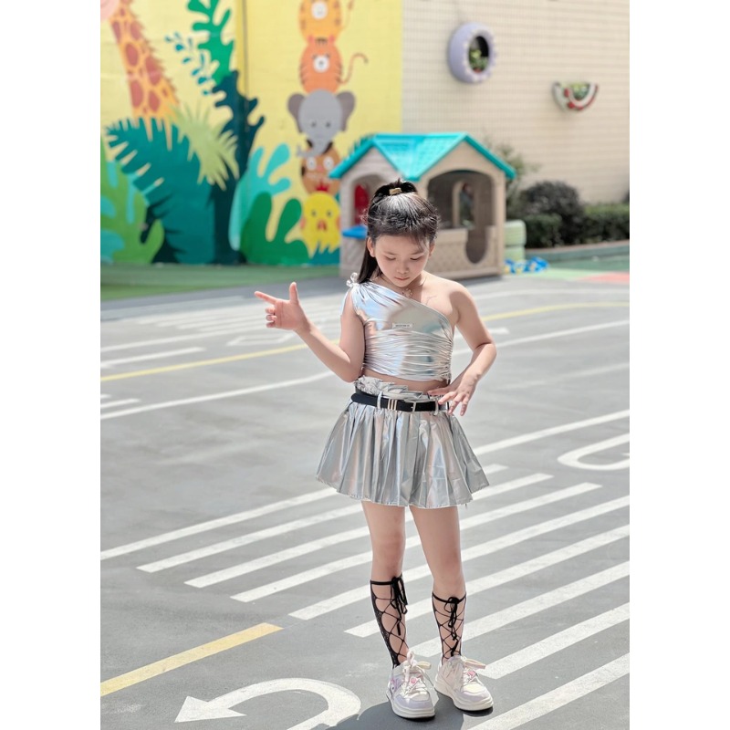 Street Fashion Kpop - Jazz K-Pop Tanzkostüm für Mädchen: Silbernes