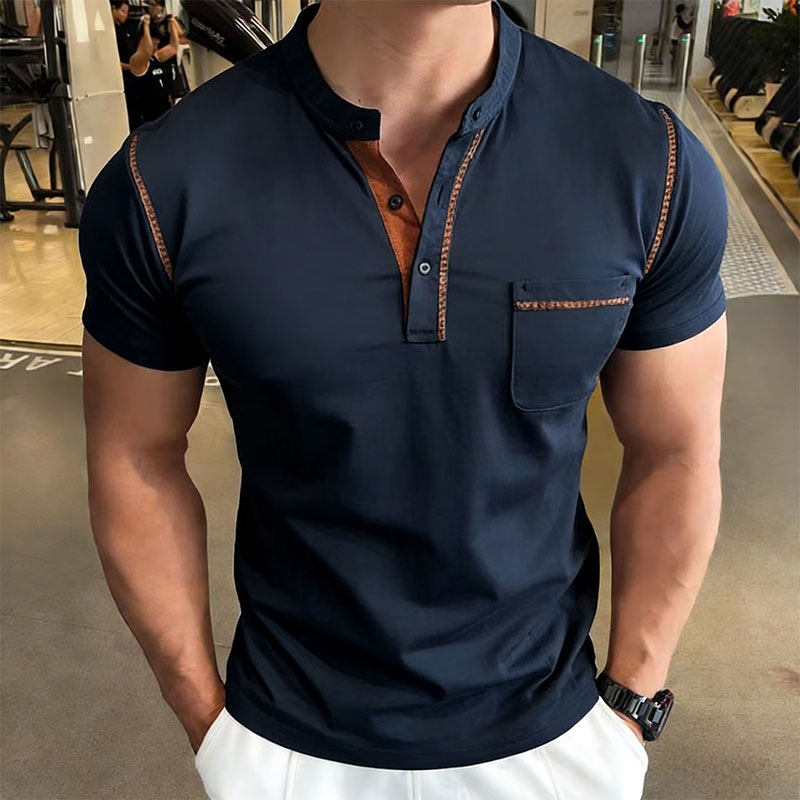 Street Fashion Style - Neues Sommer-Herren-Henley-Kragen-Kurzarm-Golf-Poloshirt mit Persönlichkeits-Taschenstil, Lässiges Atmungsaktives