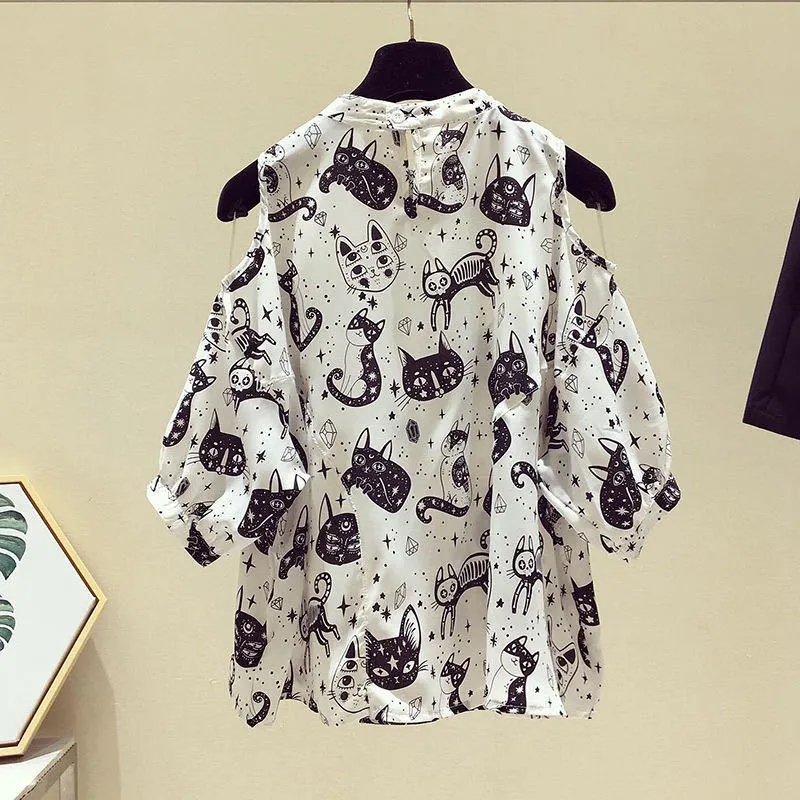 Katze Cartoon Print Chiffon Vi – Street Fashion Korean Bewertung und Preis