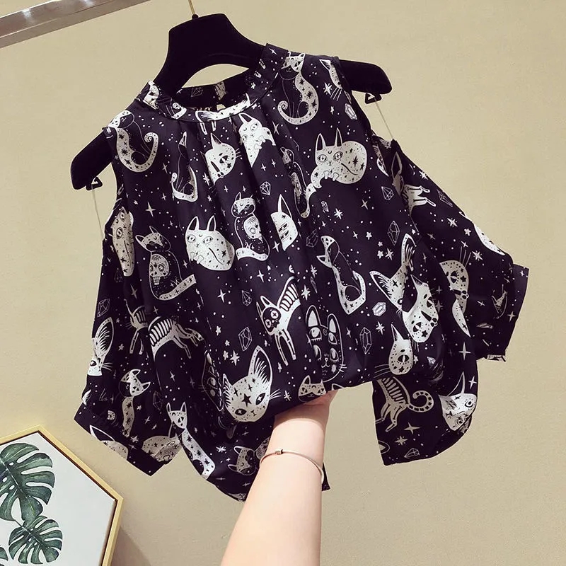Katze Cartoon Print Chiffon Vi – Street Fashion Korean Bewertung und Preis