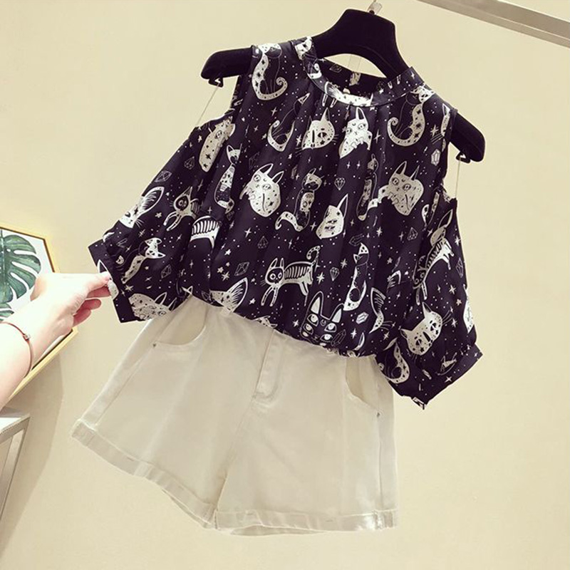 Katze Cartoon Print Chiffon Vi – Street Fashion Korean Bewertung und Preis