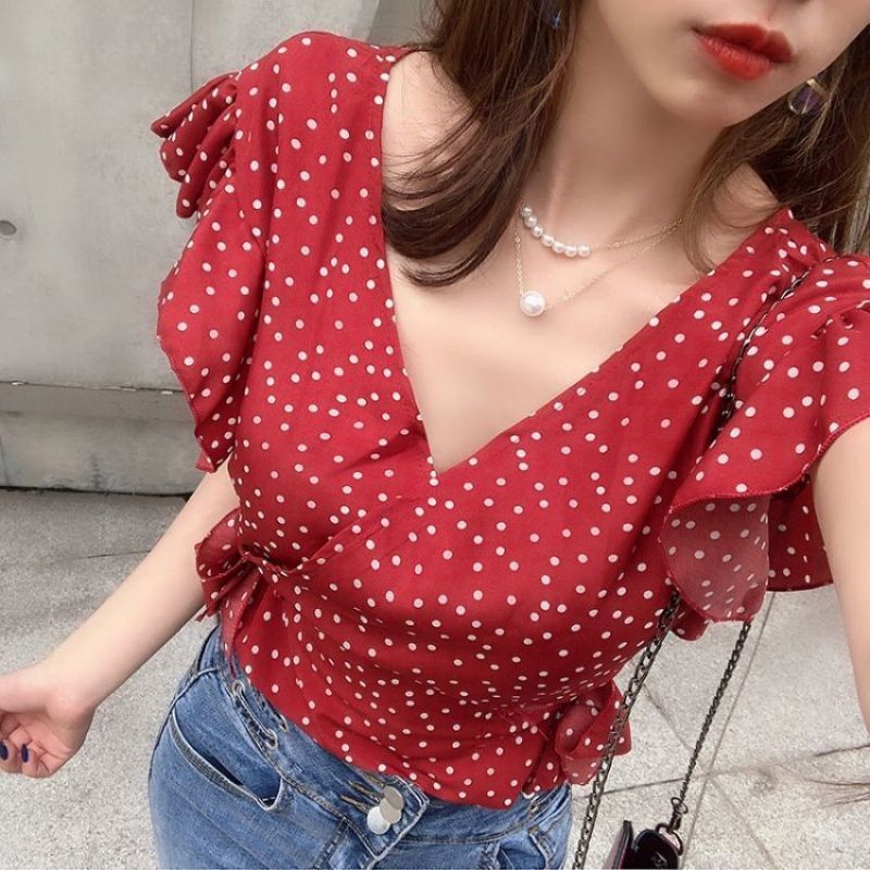 Tupfen Druck Chiffon Schnürung – Street Fashion Korean Bewertung und Preis