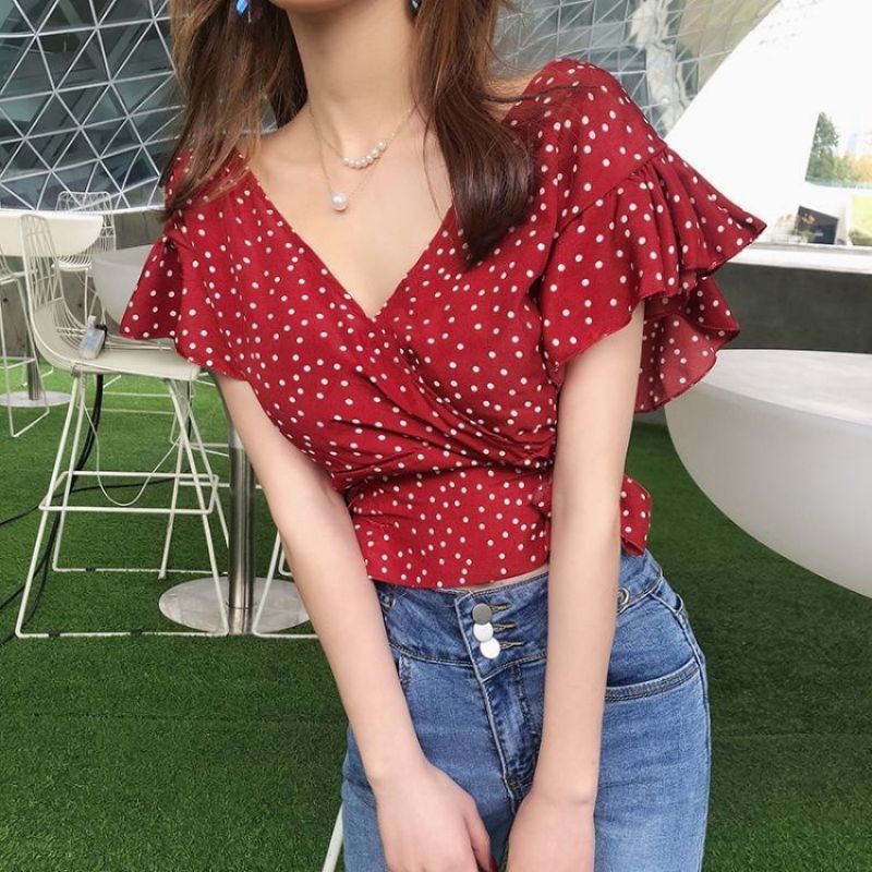 Tupfen Druck Chiffon Schnürung – Street Fashion Korean Bewertung und Preis