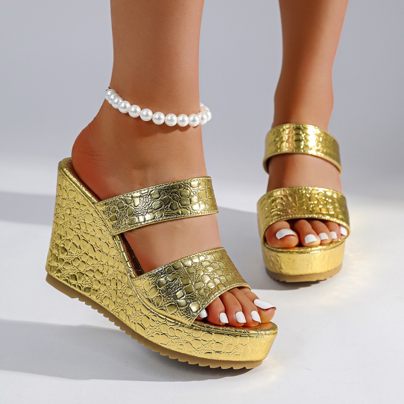 Goldene Krokodilmuster Keilabs – Street Fashion Luxury Bewertung und Preis